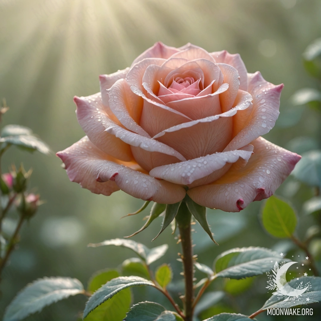A beautiful rose emerging from mist, surrounded by gentle rays of sunshine against a sage green background.