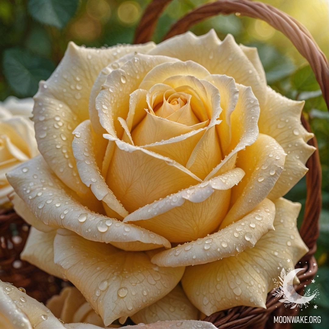 A beautiful rose with dew drops glowing in the sun, placed in a cream yellow basket.
