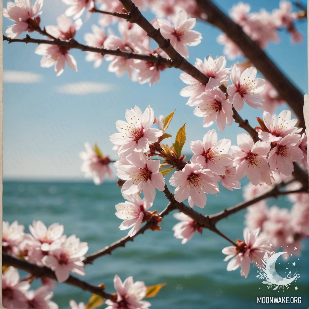 A serene scene featuring beautiful sakura trees adorned with patterns reminiscent of sea waves, illuminated by sunny rays.