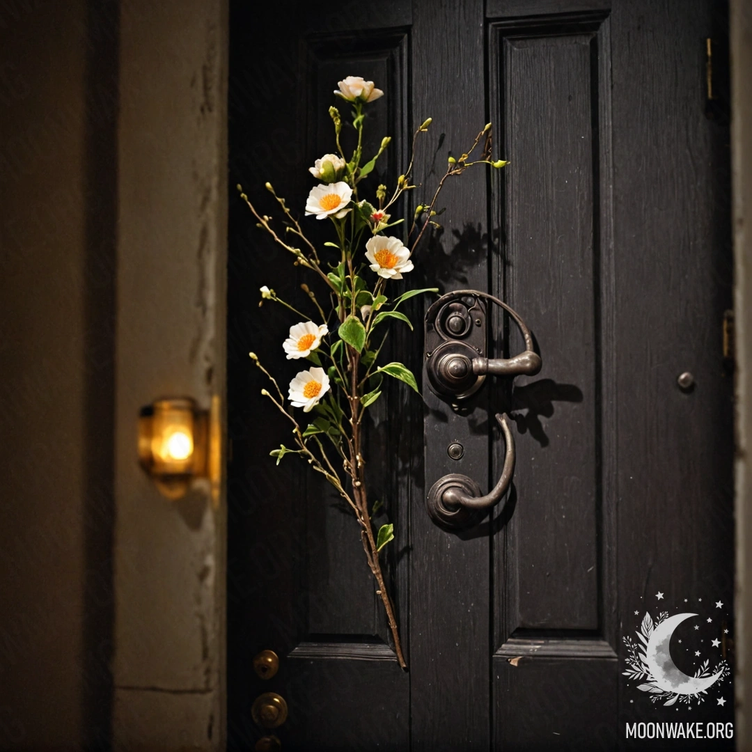 Beautiful Shabby Door with Floral Elegance A shabby door adorned with twigs and flowers at night.