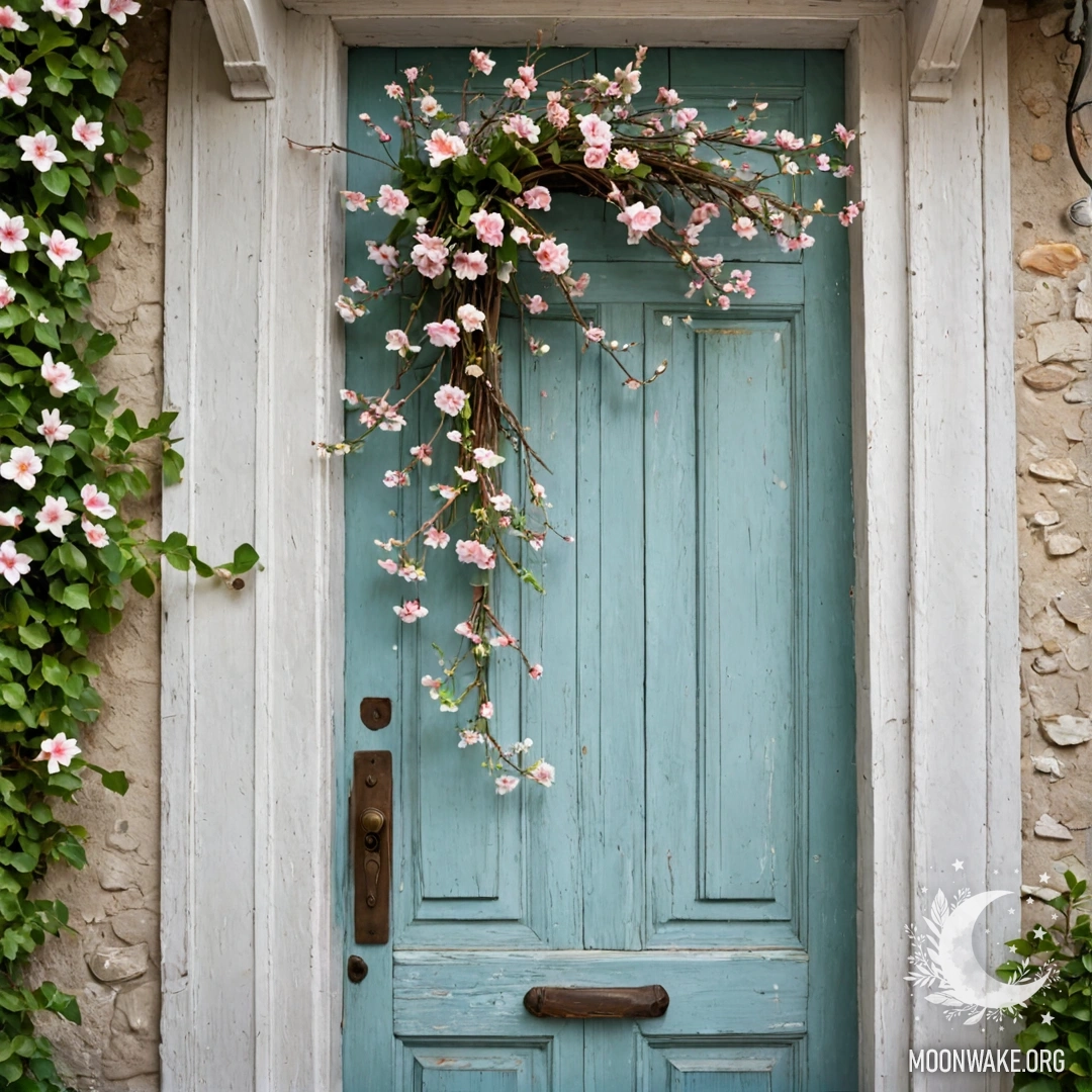 A shabby door adorned with twigs and flowers on the handle.
