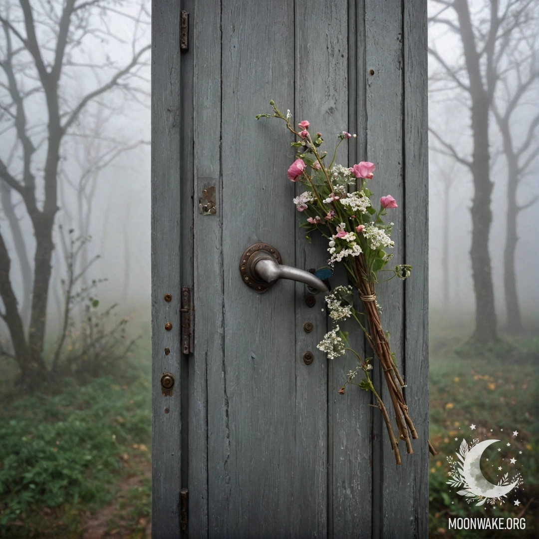 A shabby door adorned with twigs and flowers, surrounded by heavy fog.