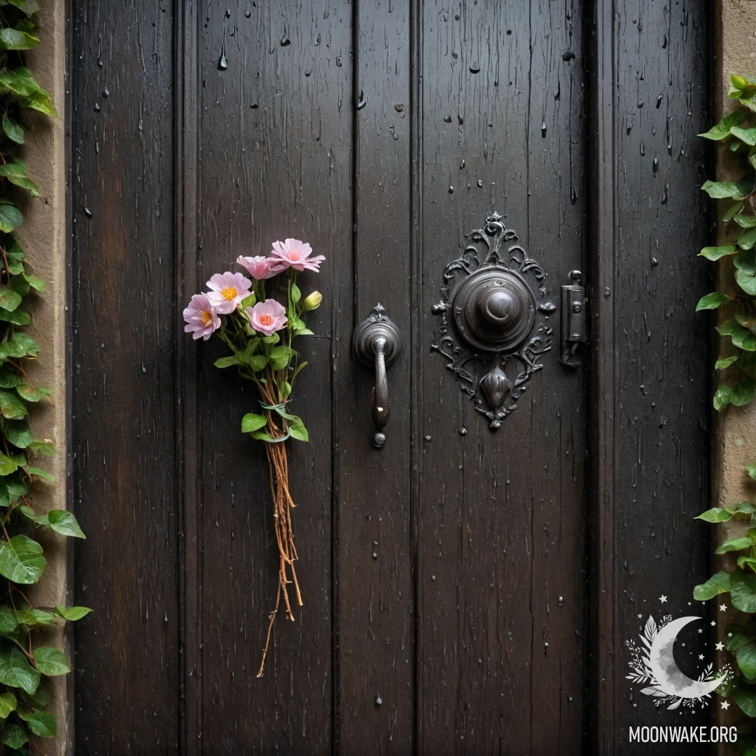 A shabby door adorned with twigs and flowers on the handle, rains falling.