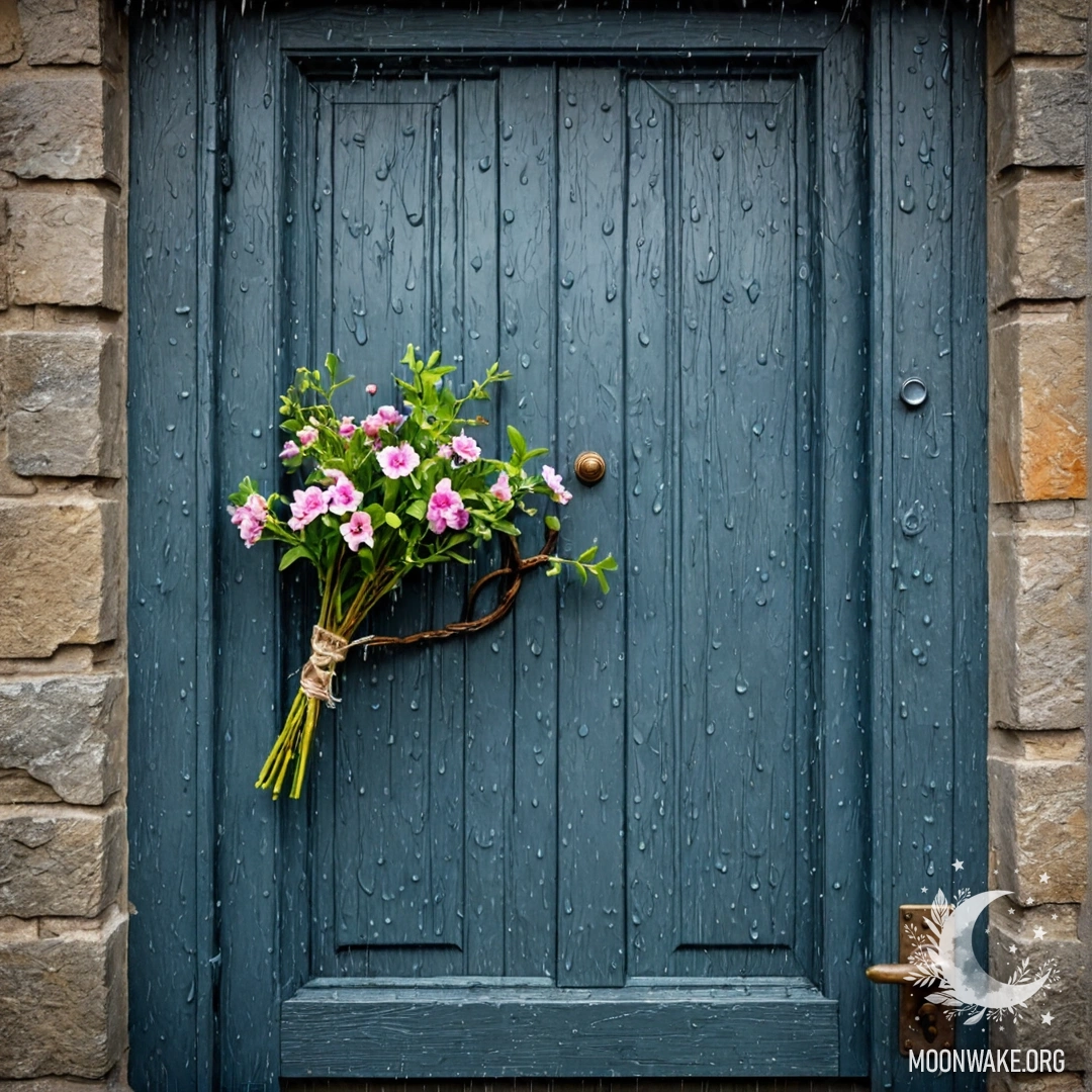 Beautiful Shabby Door Under Rain A shabby door adorned with twigs and flowers on the handle, rainy scene.