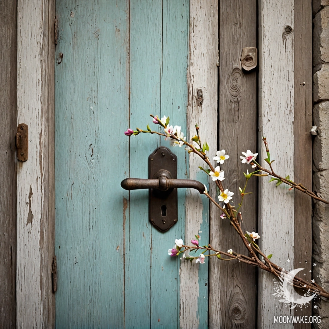 Beautiful Shabby Door with Floral Handle A shabby door adorned with twigs and flowers on the handle.