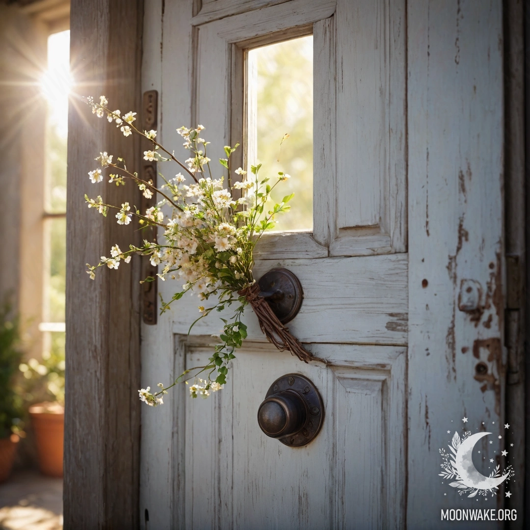A shabby door adorned with delicate twigs and flowers, illuminated by sun rays.