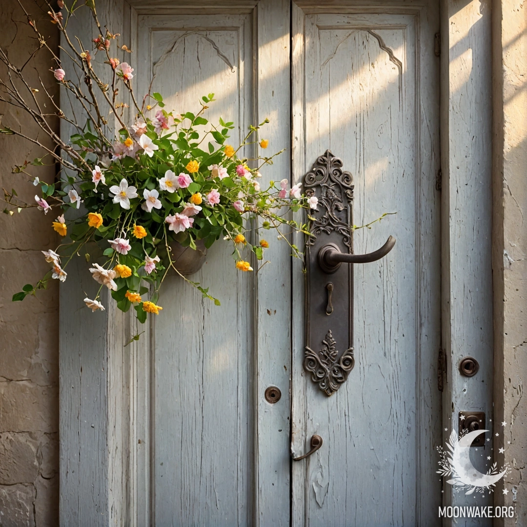 A shabby door adorned with twigs and flowers on the handle, illuminated by sun rays.