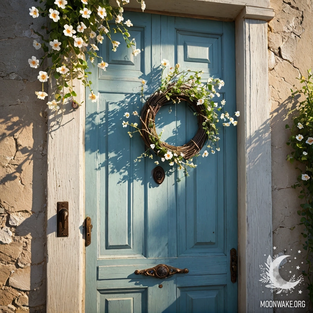 A shabby door adorned with twigs and flowers on the handle, bathed in golden sun rays.