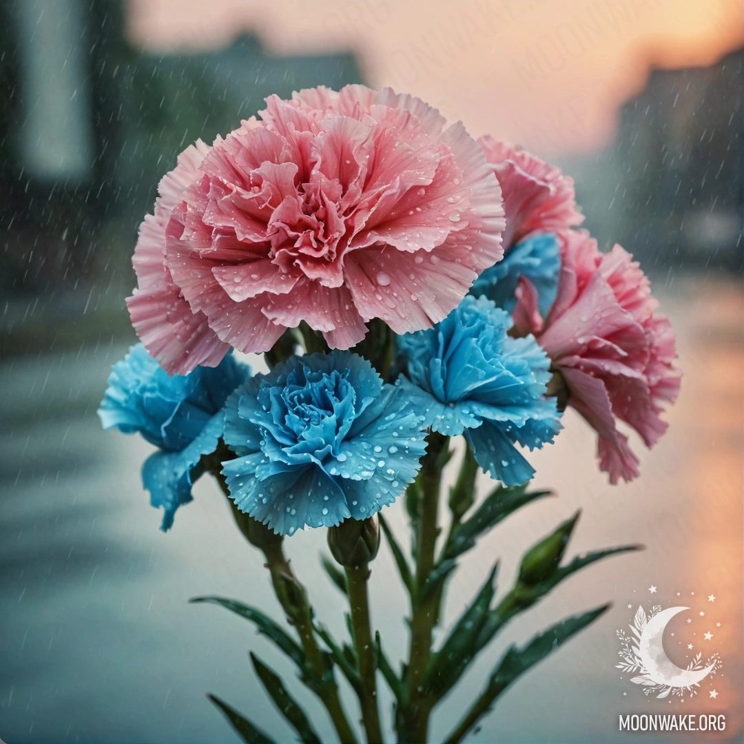 A beautiful bouquet of sky blue carnations under the rain at sunset.