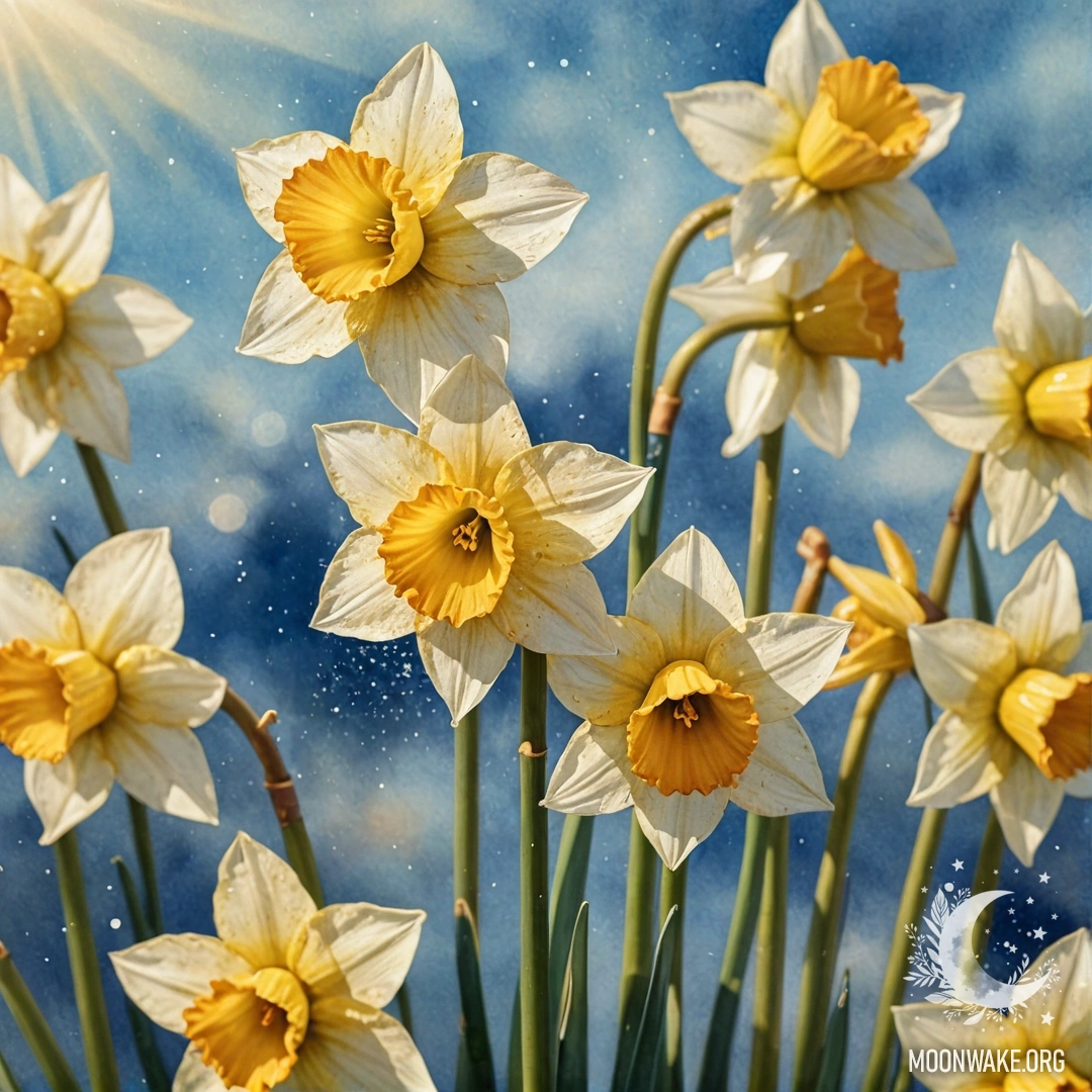 Beautiful Sky Blue Narcissus with Sunlight A beautiful sky blue narcissus illuminated by sunny rays, adorned with sequins.