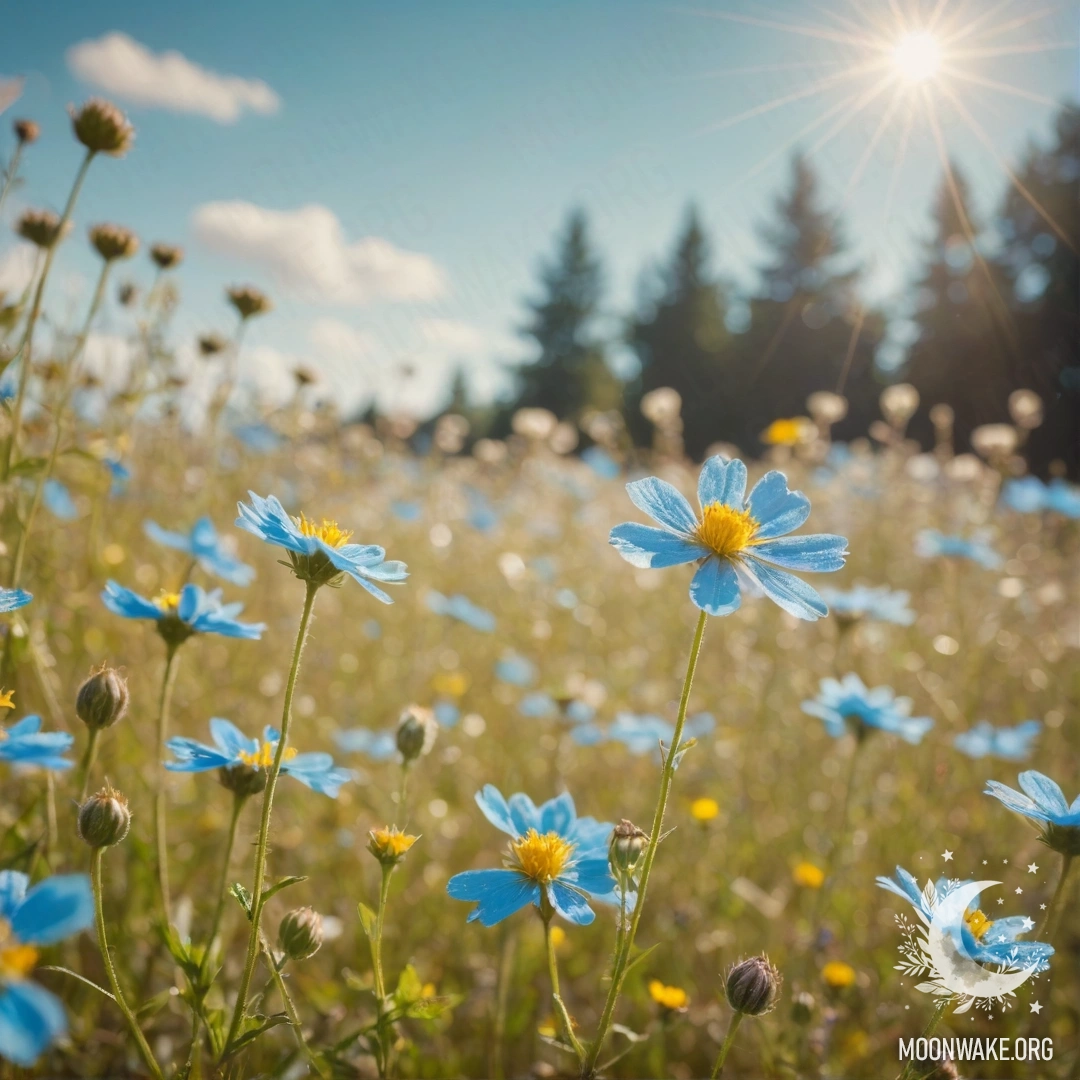 Beautiful Sky Blue Wildflowers with Sunny Rays A vivid composition of wildflowers in sky blue color, sparkling under sunlight with sequins.