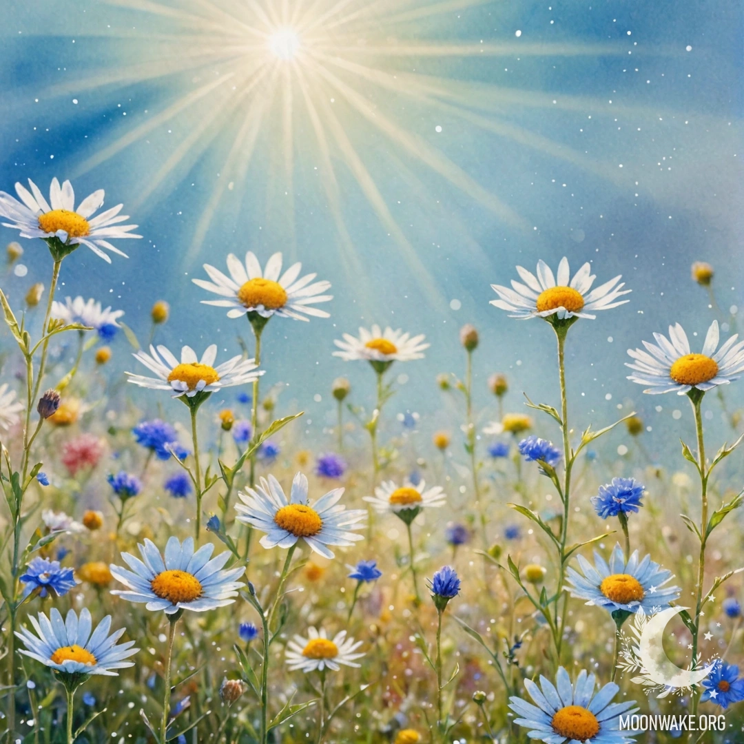 A watercolor painting of beautiful wildflowers in sky blue color adorned with sunny rays and sequins.