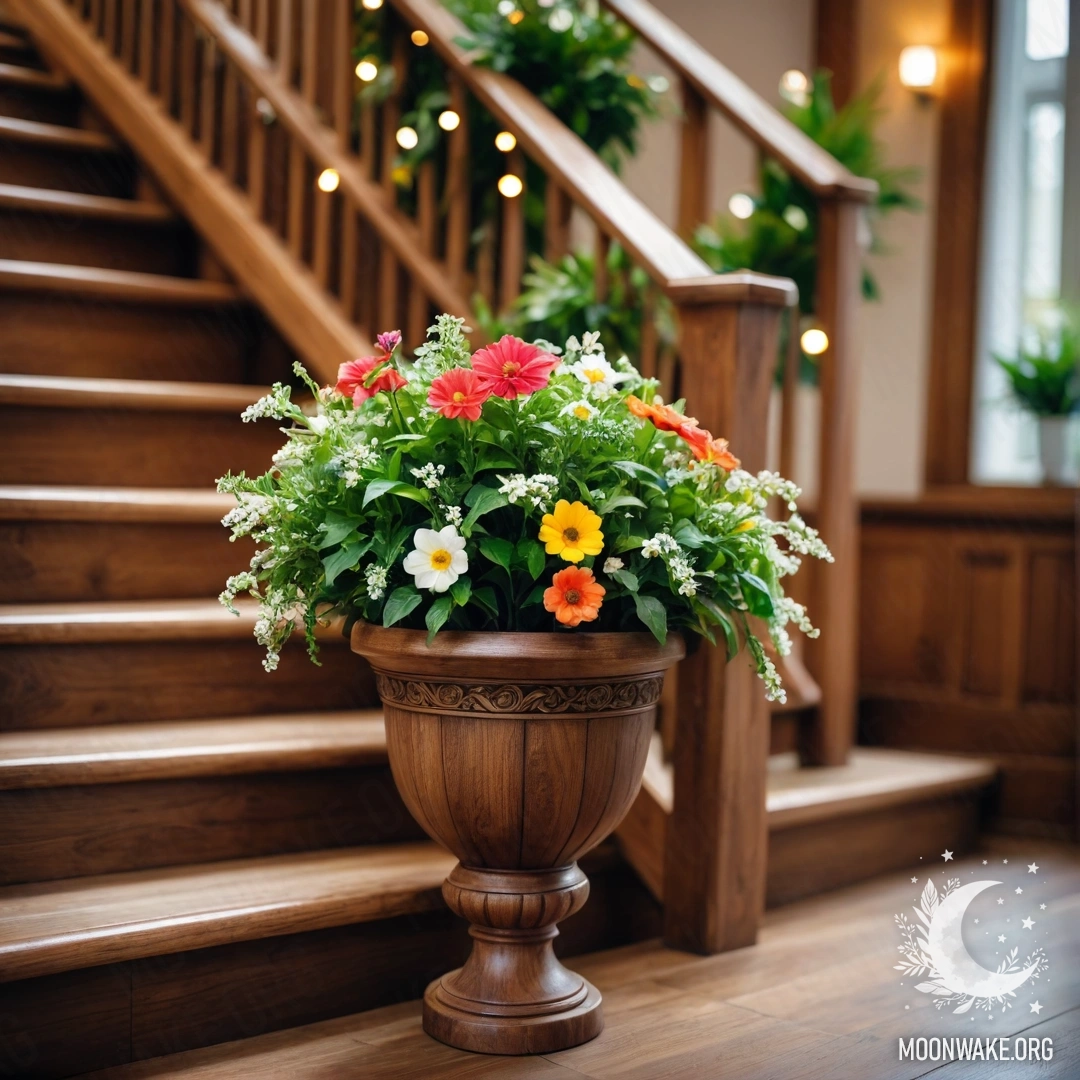 A wooden staircase adorned with flowerpots and a garland of lights.