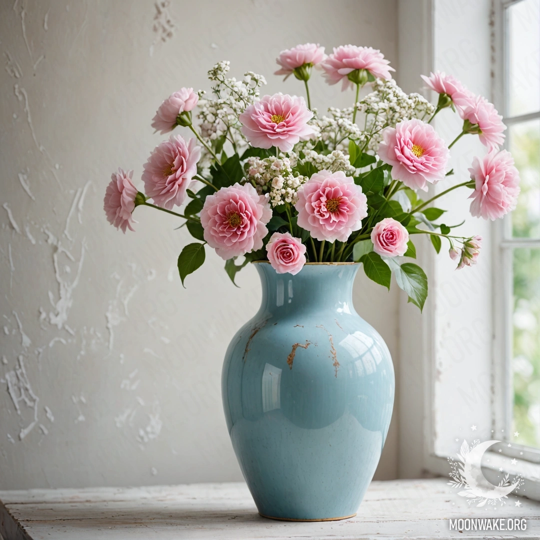 A glass vase with strawberry branches and flowers against a wooden wall