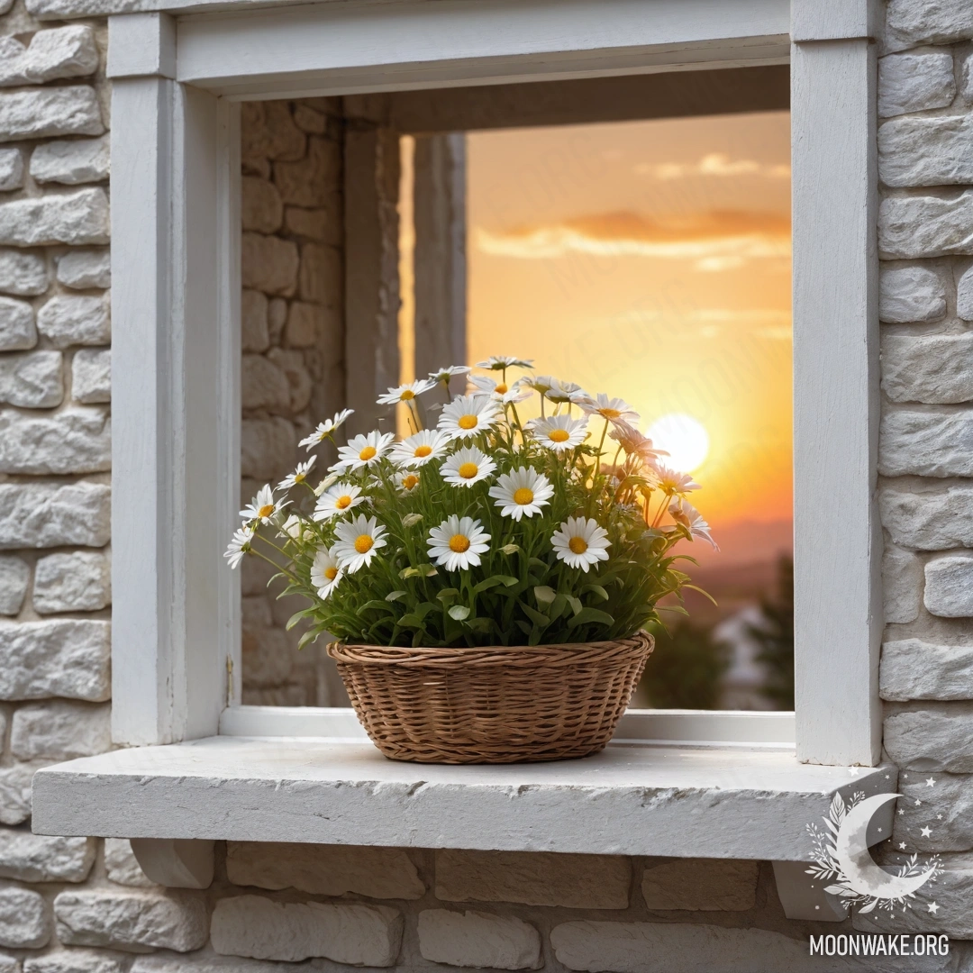 A picturesque scene featuring a white stone wall, an open window, and a basket of daisies on the windowsill during sunset.