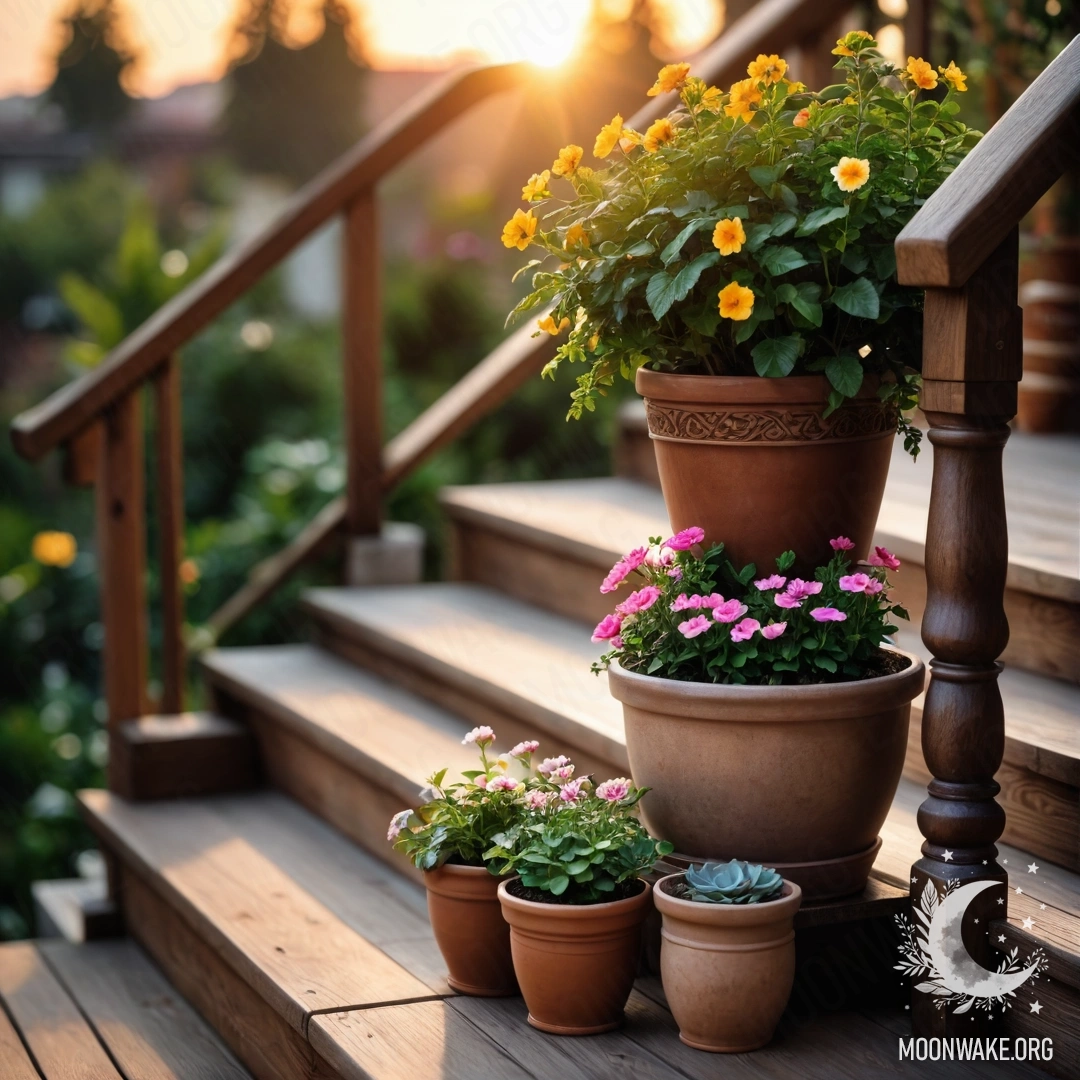 A wooden staircase adorned with flowerpots during sunset, radiating warmth.