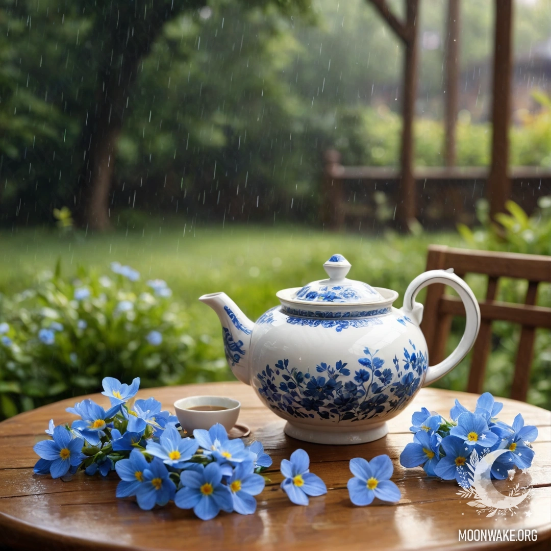 A round wooden table with a porcelain teapot filled with blue flowers in the rain.