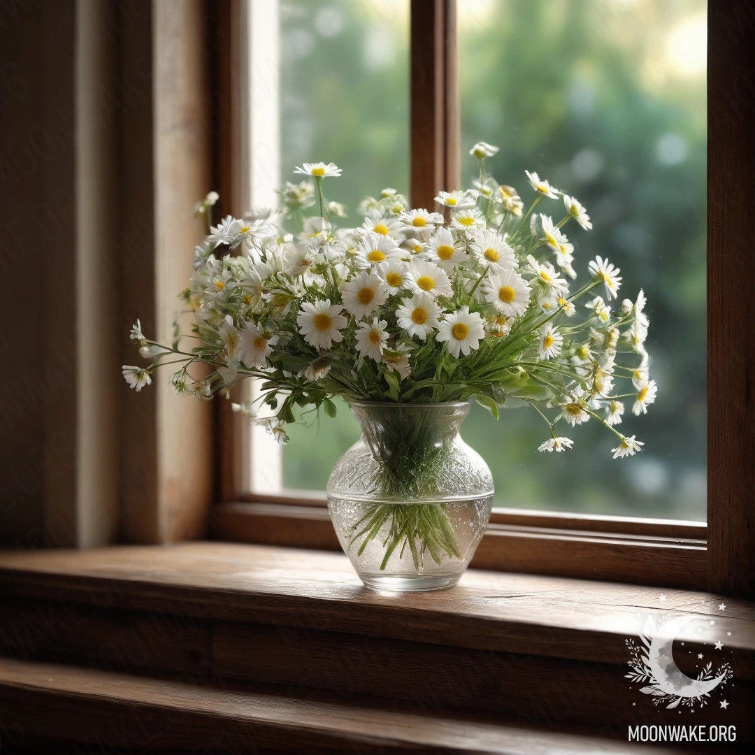 A glass vase filled with daisies on a wooden vintage windowsill, surrounded by fairy lights.