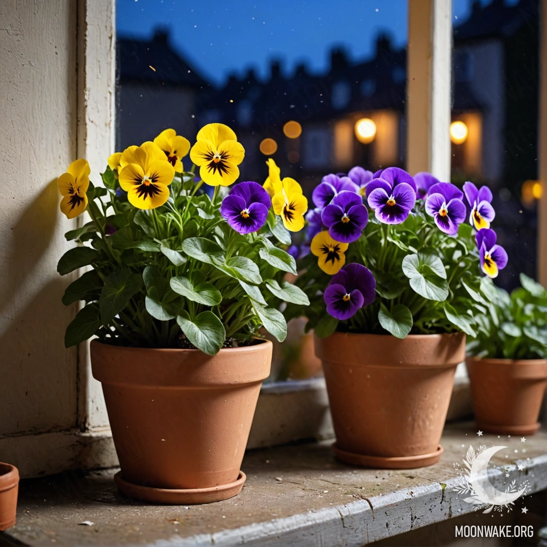A collection of vintage flowerpots with pansies on a shabby windowsill at night.