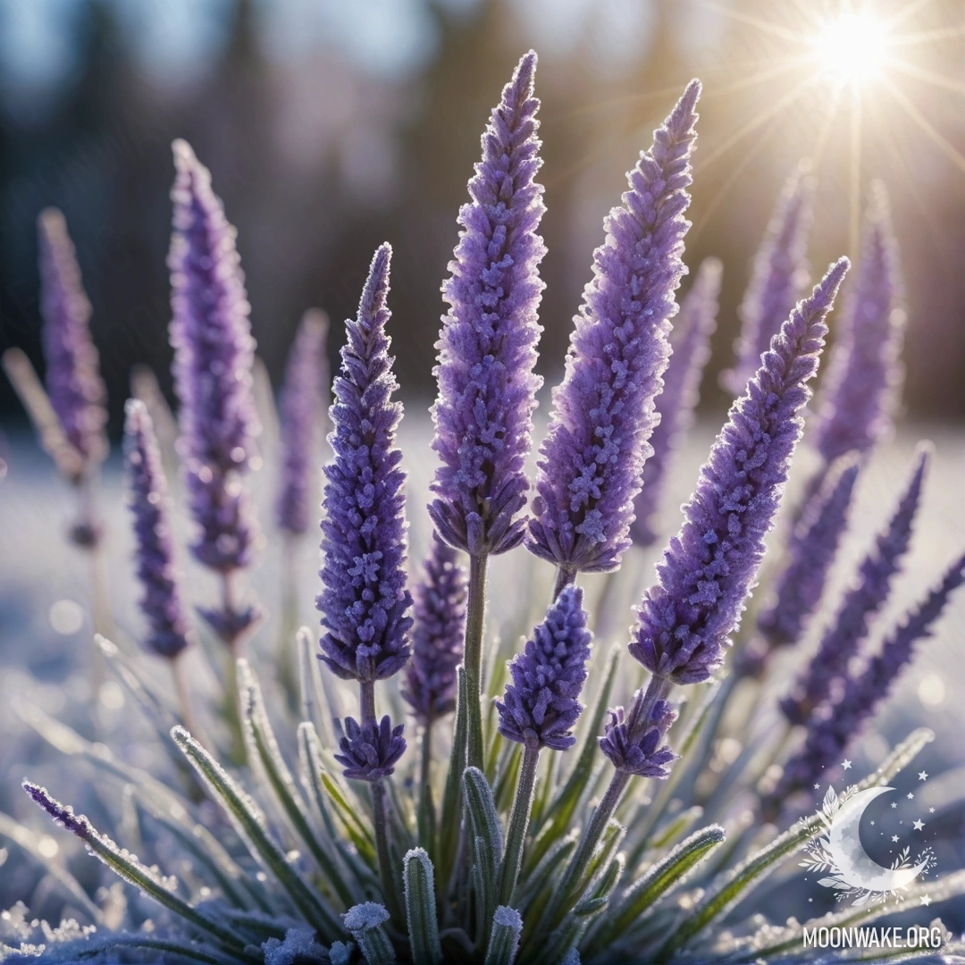 A delicate bouquet of violet flowers covered in frost, illuminated by sunny rays.
