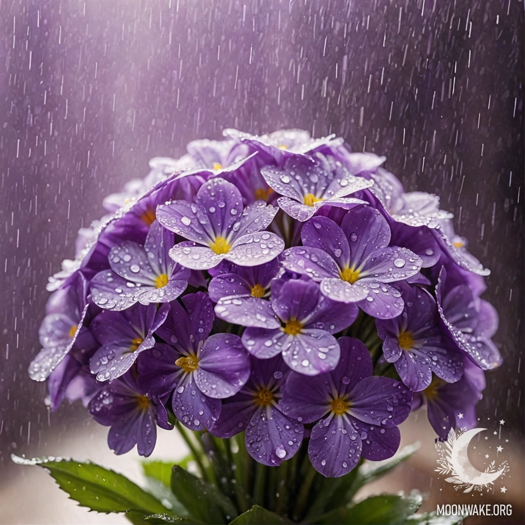 A vibrant bouquet of violet flowers under the rain, with sunny rays illuminating the petals.