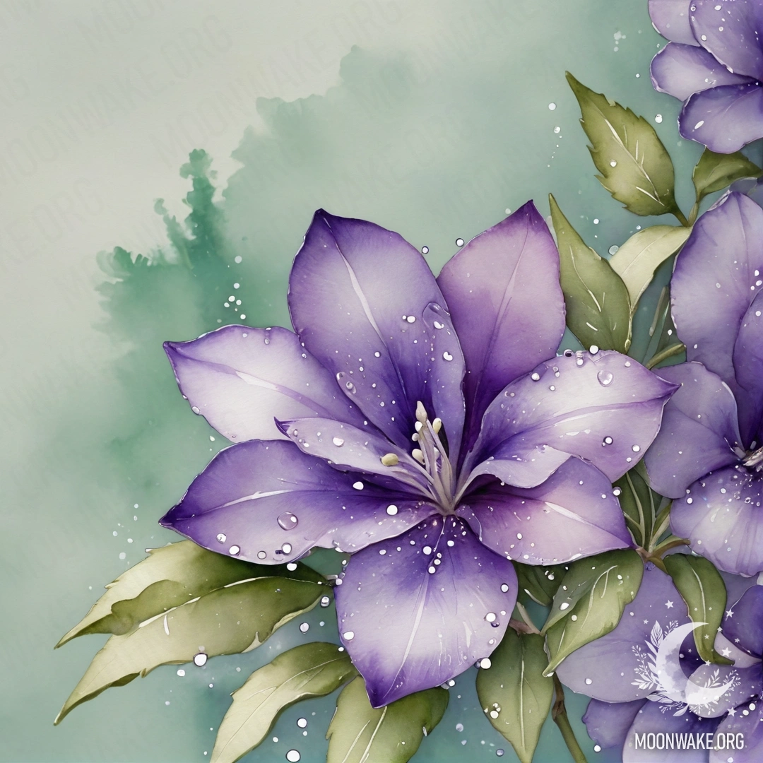 Watercolor painting of a violet adorned with rhinestones, in shades of sage.