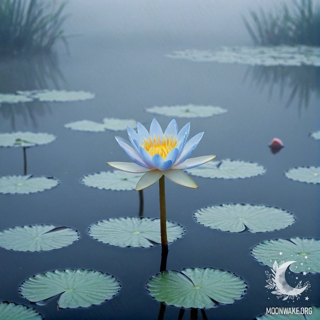 A delicate water lily emerging from the fog, surrounded by calming blue hues.