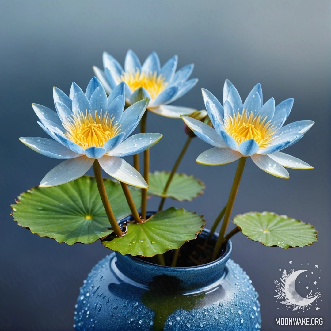 A beautiful water lily with dew drops arranged in a sky blue vase.