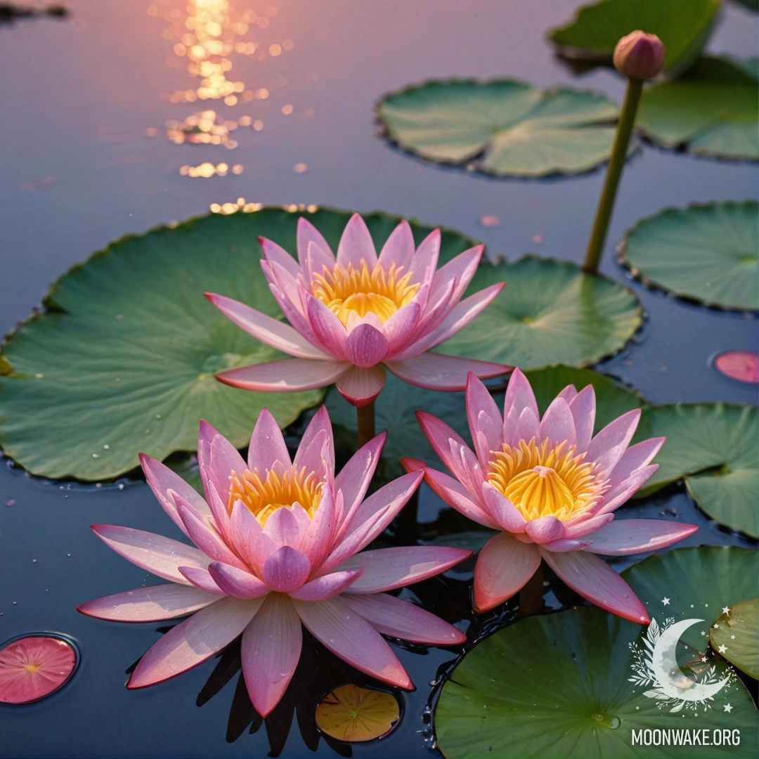 A captivating water lily adorned with raindrops, immersed in the twilight hues of sunset.