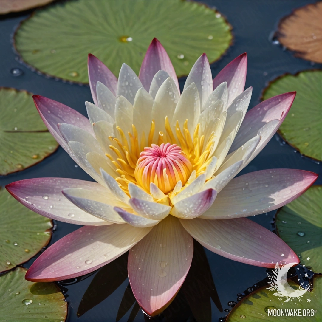 A beautiful water lily adorned with dew drops against a pastel-colored background reminiscent of an old postcard.