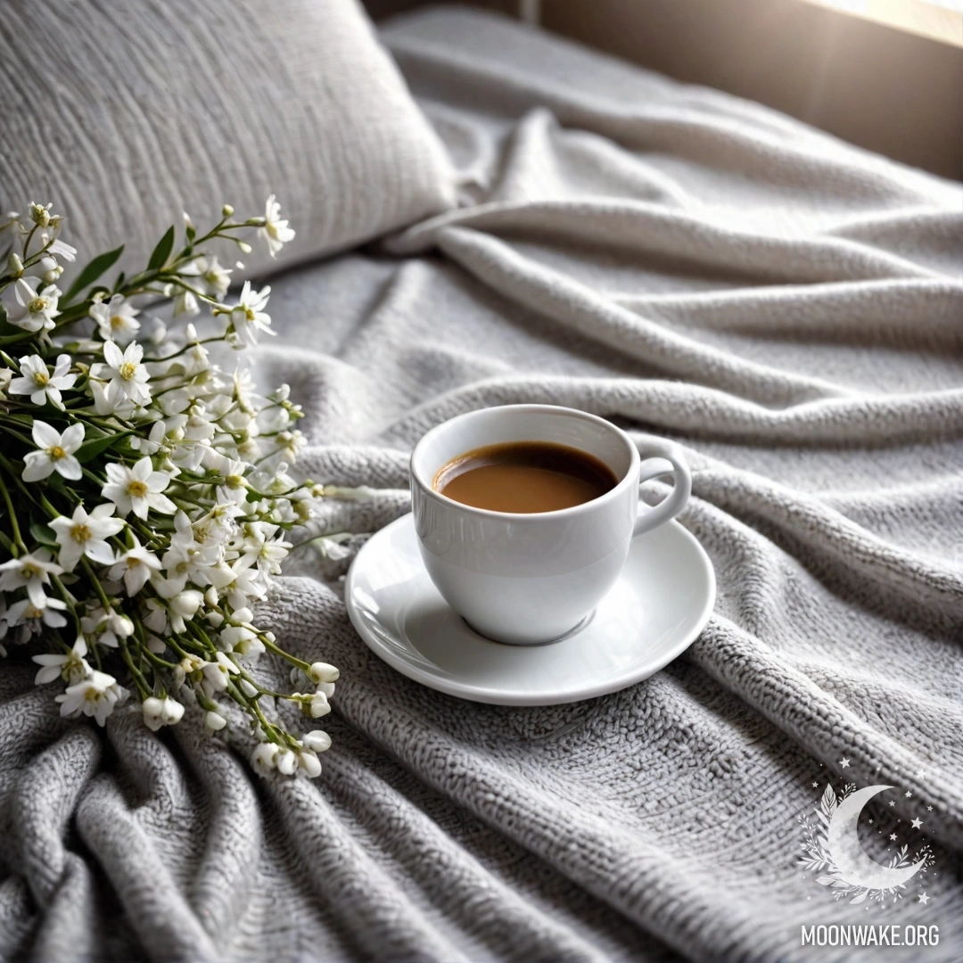 A close-up of a beautiful white chair adorned with a gray knitted blanket, a book, a branch with white flowers, and a white cup of coffee basking in sun rays.