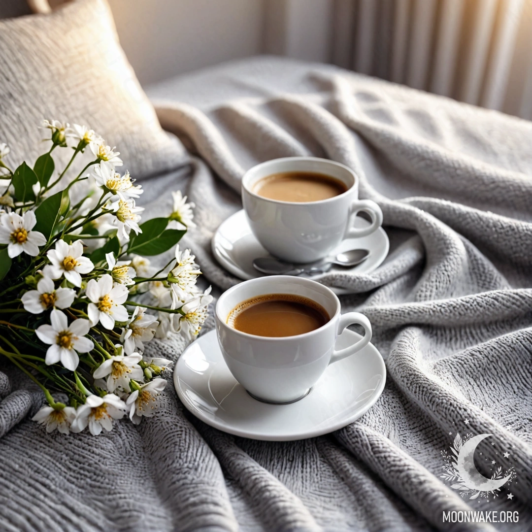 Close-up of a white chair with a gray knitted blanket, a book, a branch with white flowers, and a cup of coffee, illuminated by sun rays.