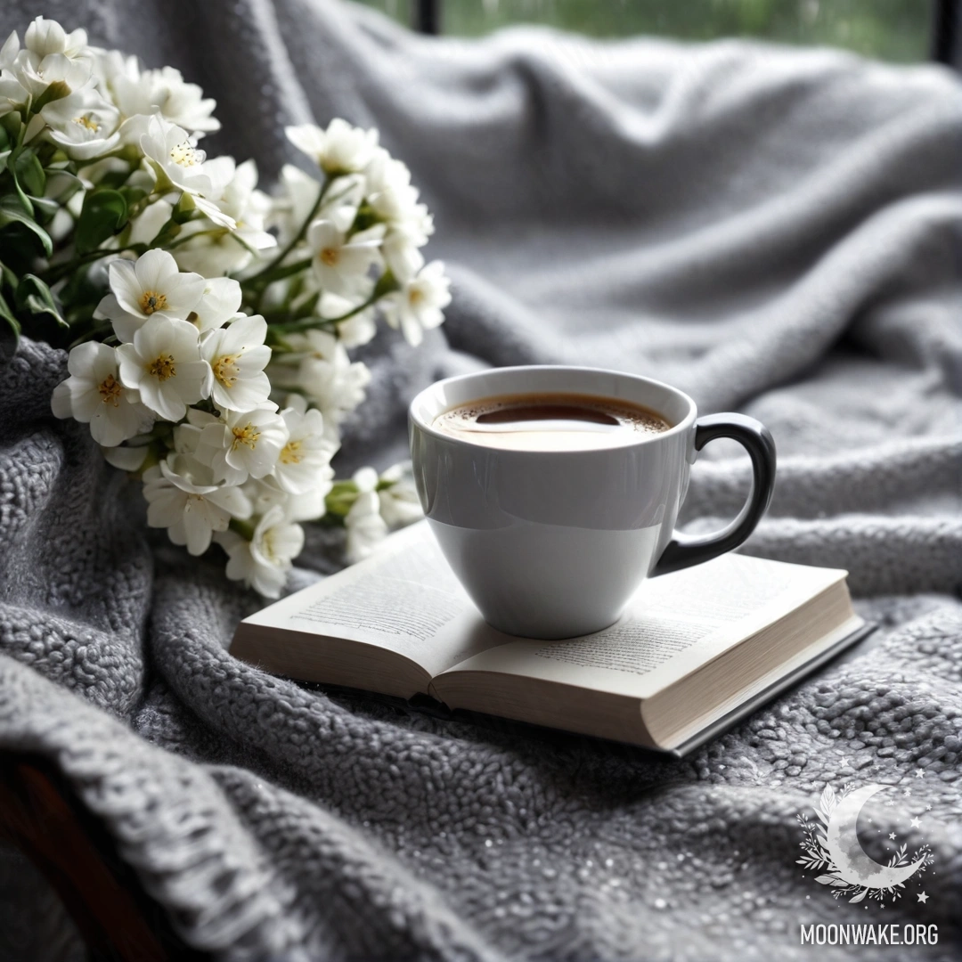 Charming Coffee Moment Under Rain A close-up of a beautiful white chair with a gray knitted blanket, a book, a branch with white flowers, and a white cup of coffee on it, all under the rain.