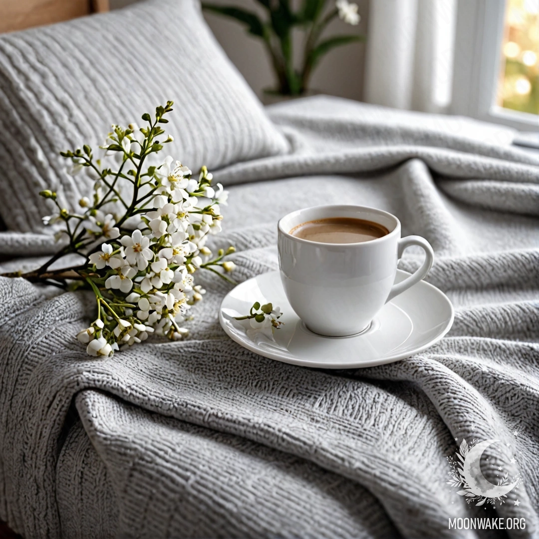 Close-up of a beautiful white chair adorned with a gray knitted blanket, a book, a branch of white flowers, and a cup of coffee, illuminated by sun rays.