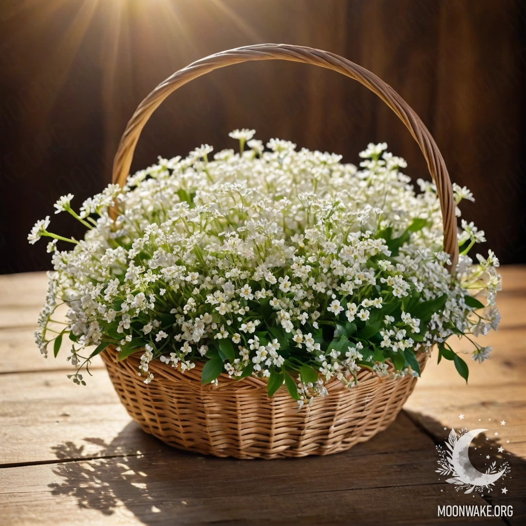 A basket containing small white flowers illuminated by sunlight.