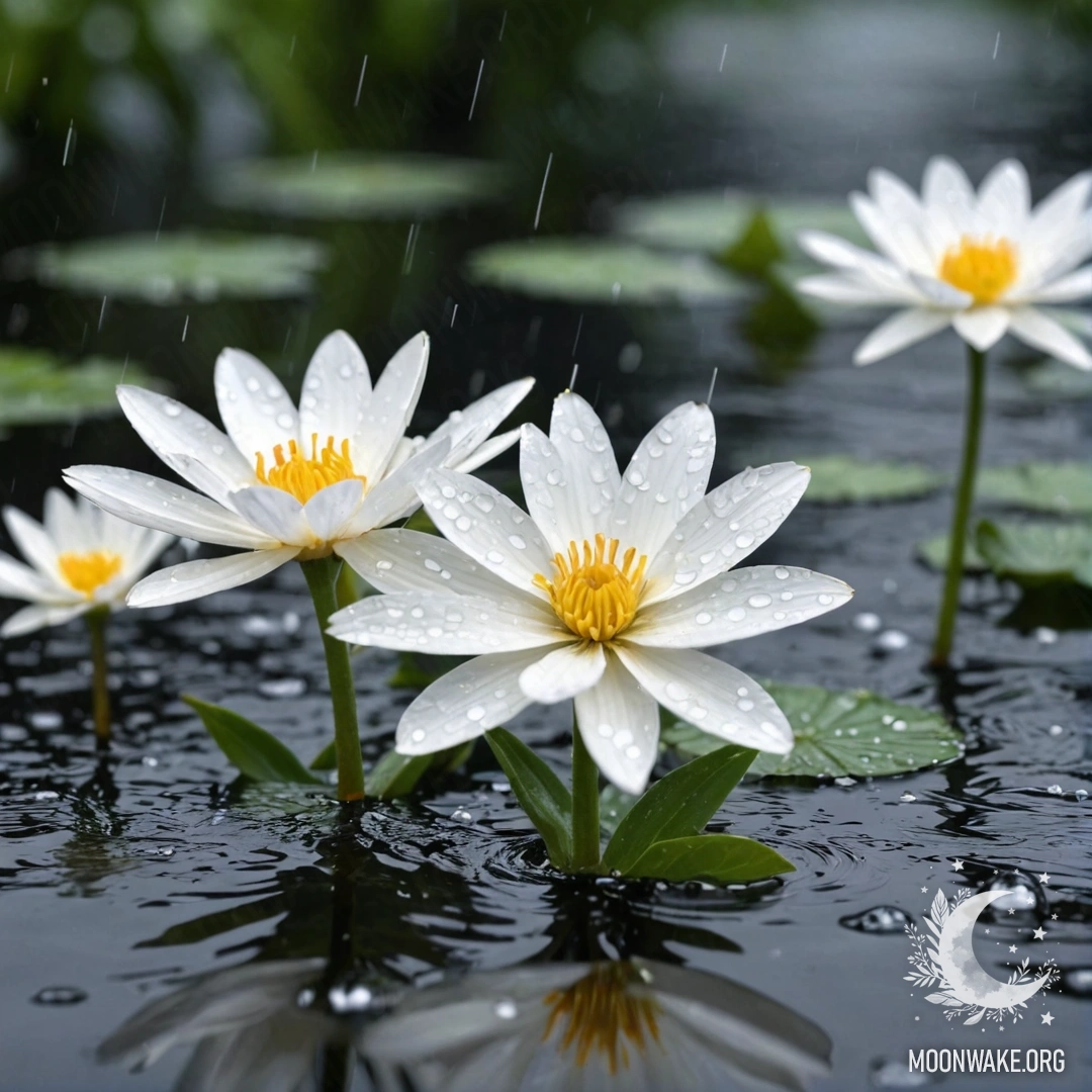 A serene scene of delicate white flowers floating on a water surface, enhanced by gentle raindrops falling around them.