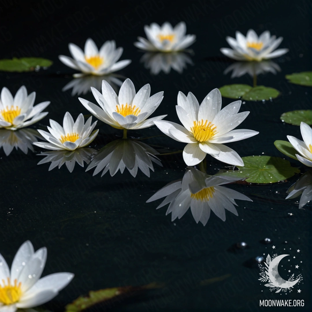 Beautiful White Flowers on Water at Night A serene view of beautiful white flowers floating on a calm water surface at night.