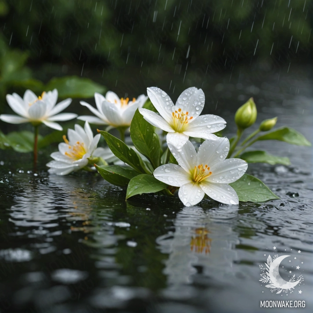A serene image of delicate white flowers floating on a tranquil water surface, enhanced by gentle raindrops falling around them.