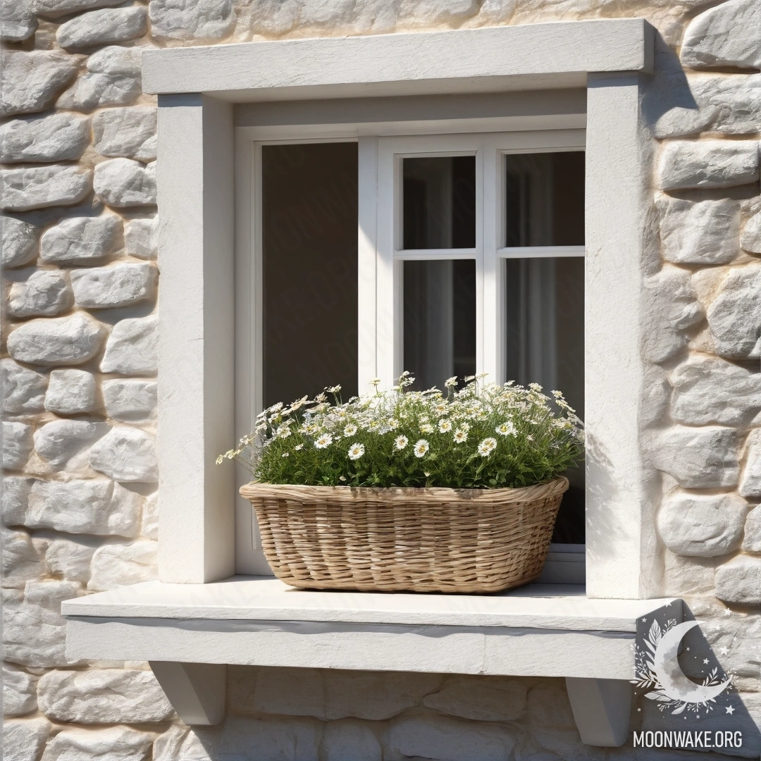 A bright white stone wall with an open window and a basket of daisies on the windowsill, illuminated by sun rays.