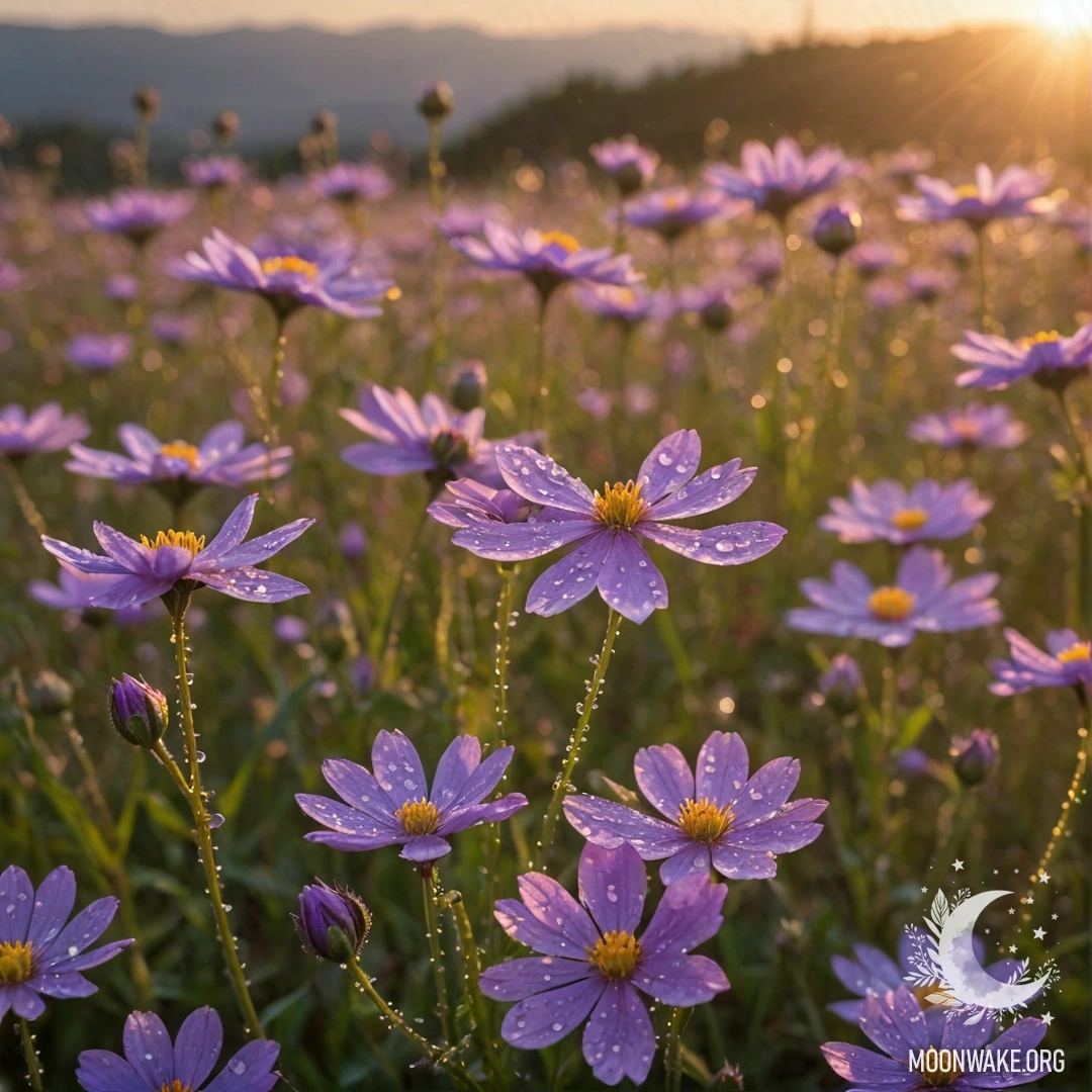 Beautiful Wildflowers at Sunset A field of purple wildflowers adorned with dew drops at sunset.