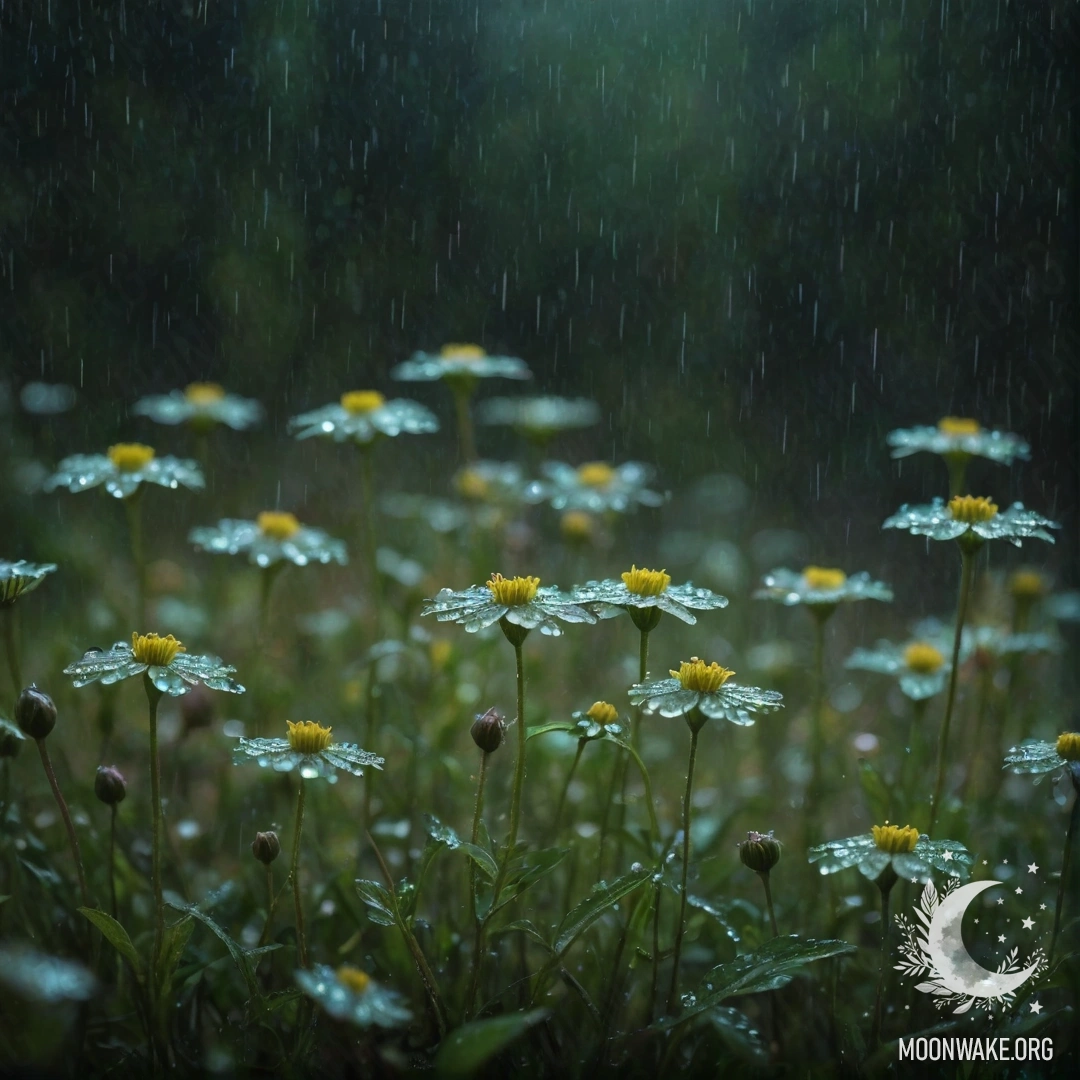 A stunning scene of green wildflowers under the rain at night, adorned with rhinestones.