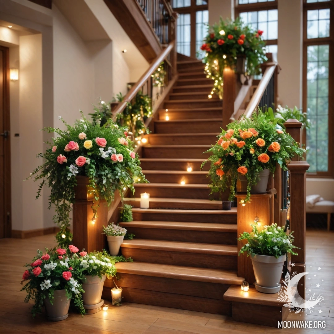 Beautiful Wooden Staircase with Flowerpots and Garland Lights A picturesque wooden staircase adorned with flowerpots and twinkling garland lights.