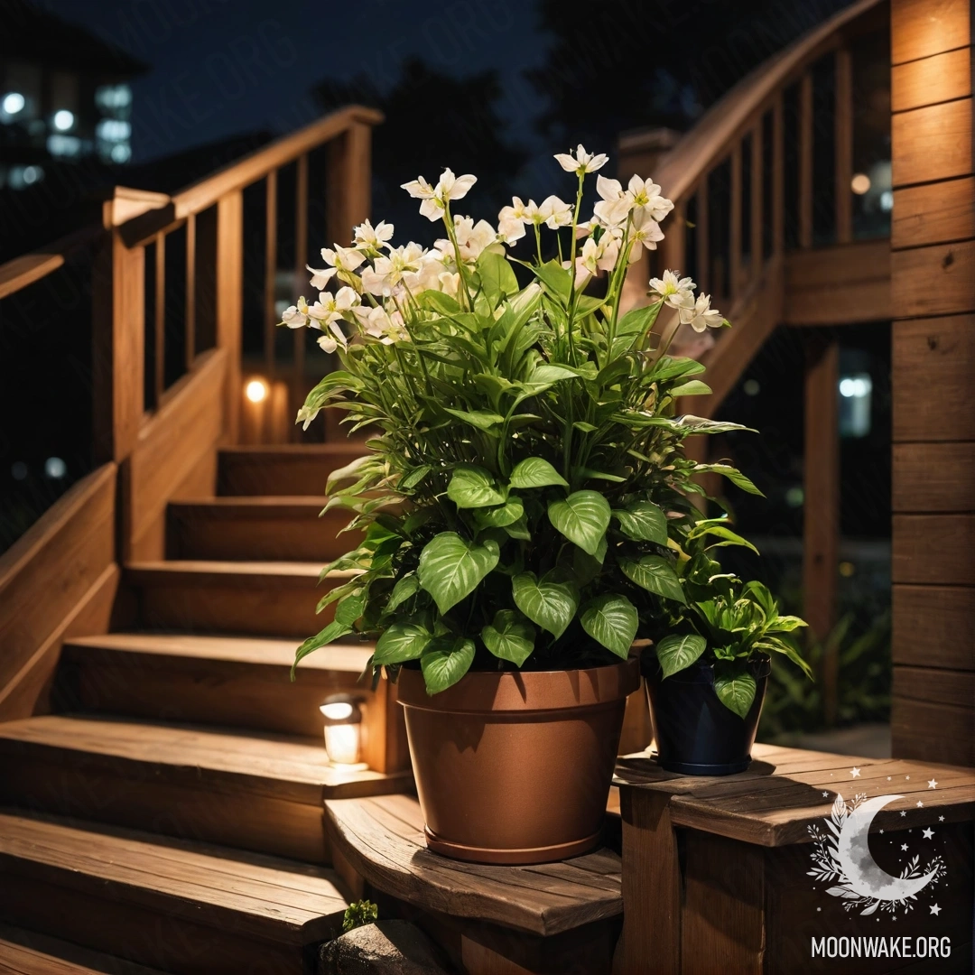 Beautiful Wooden Staircase with Flowerpots at Night A wooden staircase adorned with flowerpots during nighttime.