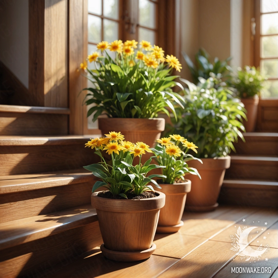 A wooden staircase adorned with flowerpots, illuminated by sunlight