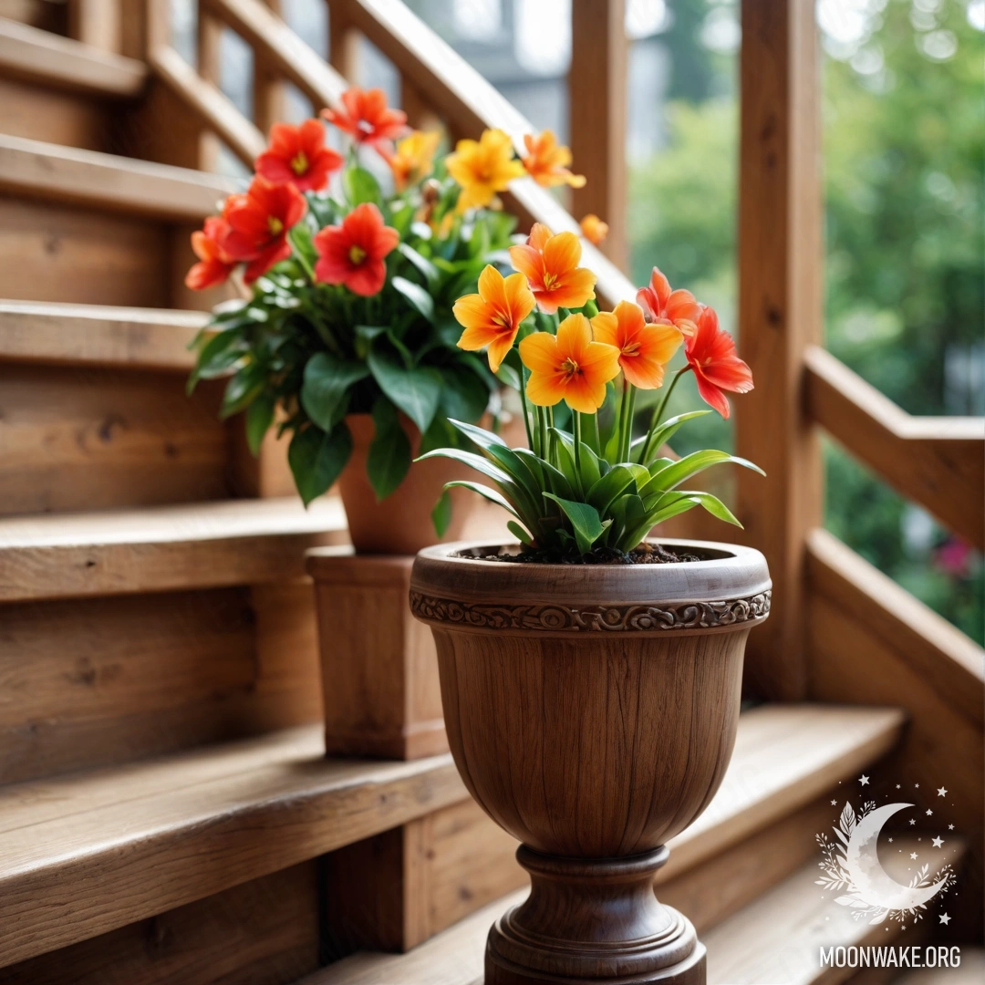 Photorealistic depiction of flowerpots on a wooden staircase.