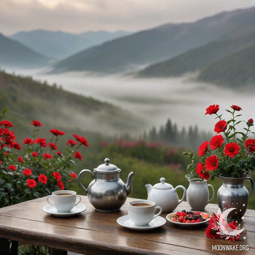 A wooden table with red flowers, a coffee pot, and cups in a foggy mountain landscape.