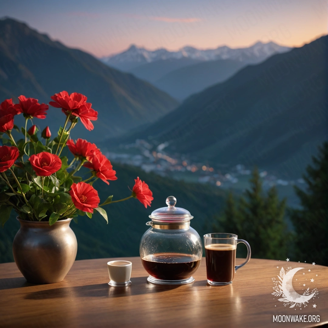 A beautiful wooden table with red flowers, a coffee pot, and cups against a mountain background at night.