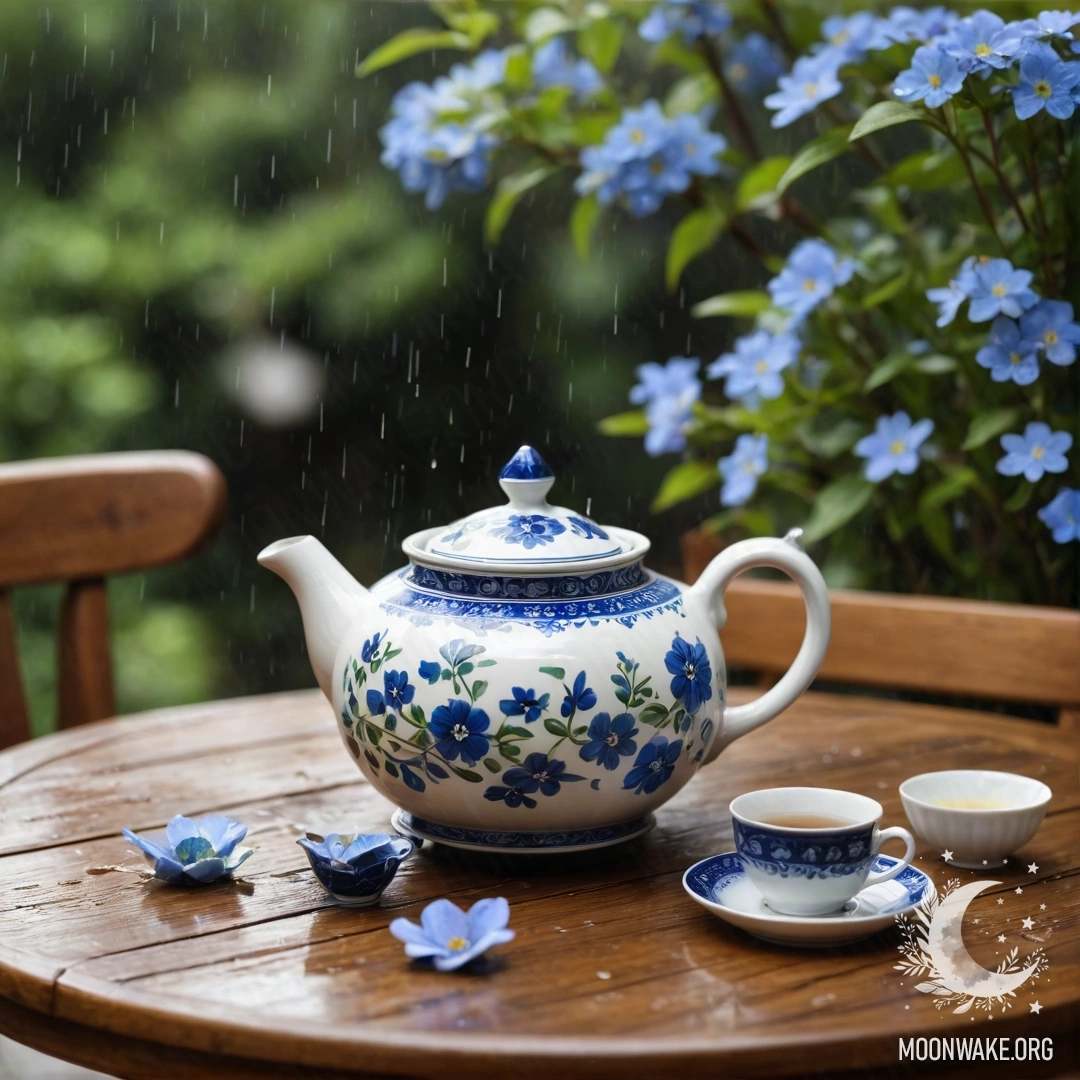A round wooden table adorned with a porcelain teapot filled with blue flowers, gently drenched by rain.