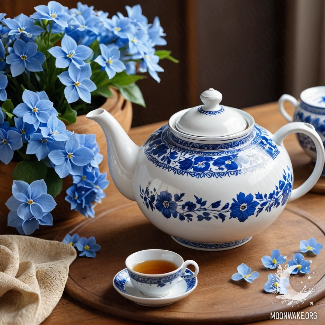 A round wooden table with a porcelain teapot and blue flowers inside.