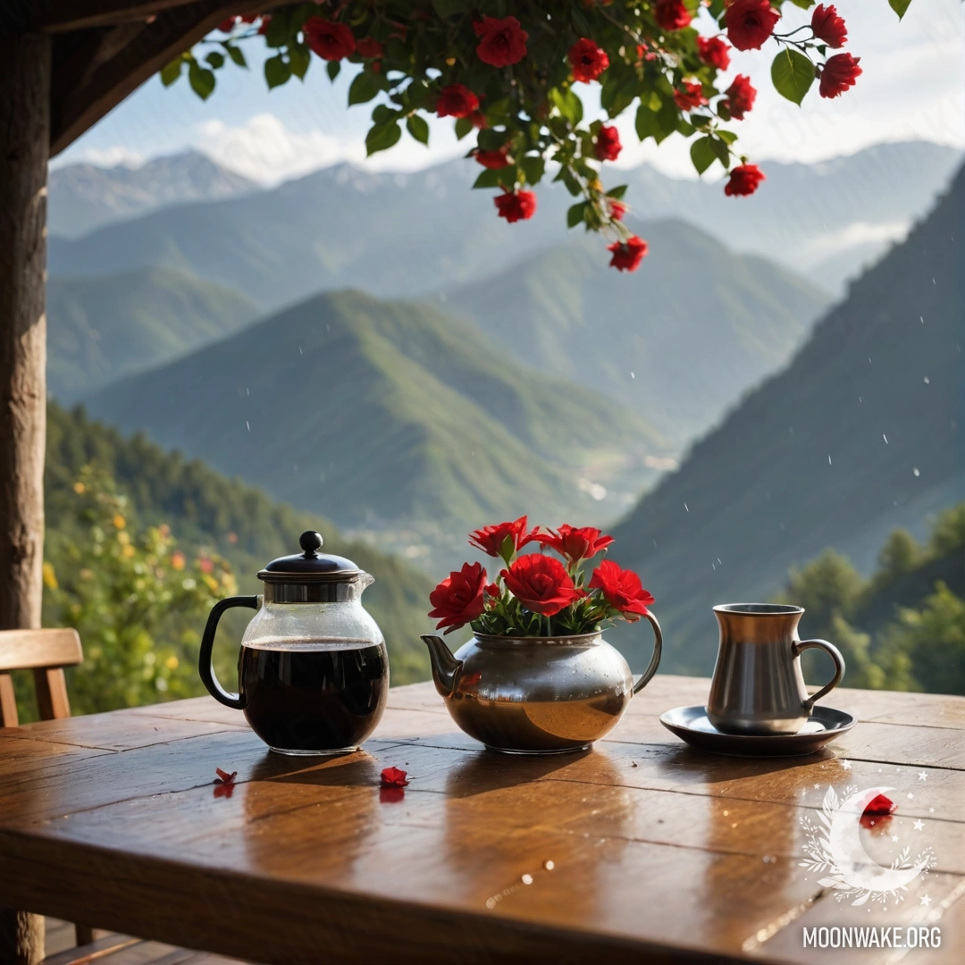 A photorealistic depiction of a wooden table with a jar of red flowers, a coffee pot, and cups, set against a mountainous background under the rain.